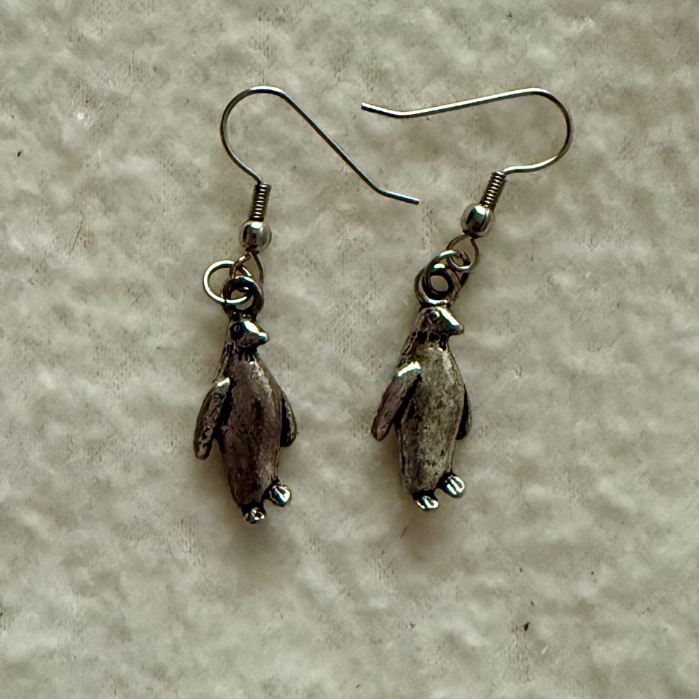 Penguin Earrings, Silver Tone, 3-D, Pierced wires